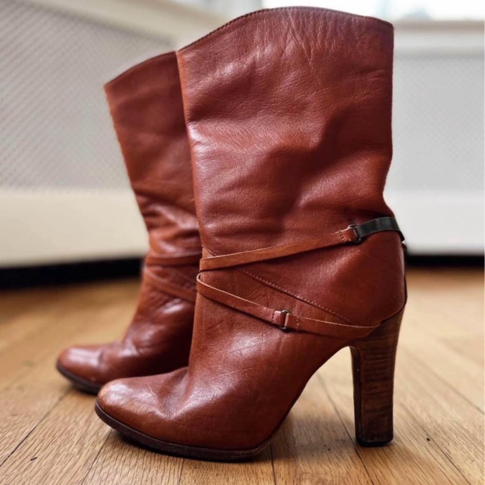 Vintage Handmade Stacked Heel Red Brown Argentinian Leather Women's Boots